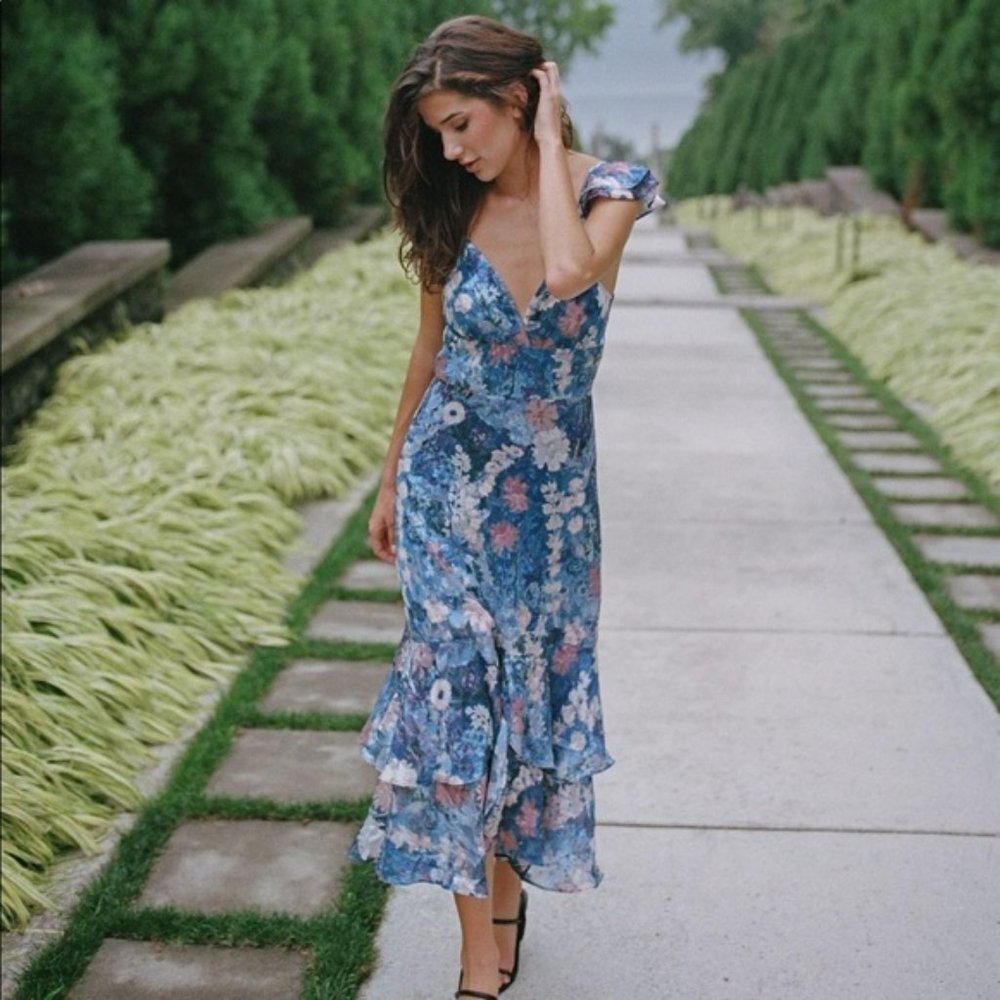NWT Anthropologie Hutch Floral Ruffled Sweetheart Neckline Midi Dress Size 8